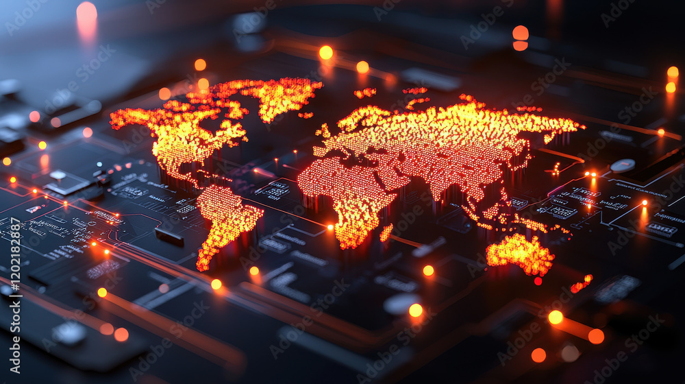 Poster high resolution image of global map illuminated with orange lights, showcasing digital circuit background. This visually striking representation highlights connectivity and technology