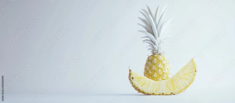 Poster Fresh pineapple fruit with a slice positioned next to it on a light background with Copy Space for text placement.
