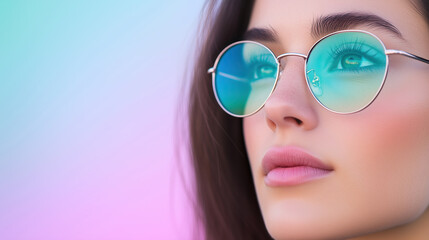 Woman with Reflective Glasses Staring Thoughtfully at Colorful Sky Background in Sunglasses with Rainbow Reflection