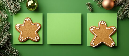 Green background with gingerbread cookies and festive ornaments two blank rectangles for copy space during the holiday season
