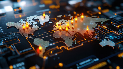 high resolution image of global map with digital overlays, showcasing interconnected data points and glowing elements, representing technology and connectivity