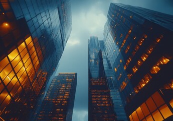 Stunning Low Angle View of Modern Skyscrapers with Glass Facades Against a Moody Sky, Illuminated Windows Create a Striking Urban Scene at Dusk