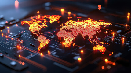 high resolution image of global map illuminated with orange lights, showcasing digital circuit background. This visually striking representation highlights connectivity and technology