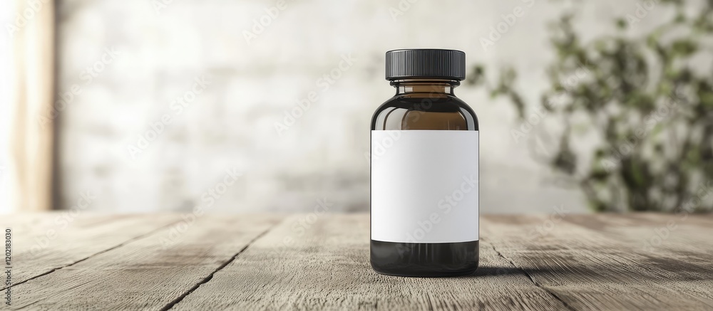 Aufkleber dark amber glass bottle with a black cap placed on a wooden table with a blank label and a blurred p