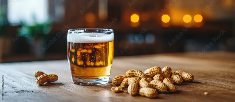Aufkleber Glass of beer with peanuts on wooden table with warm background and copy space for text.