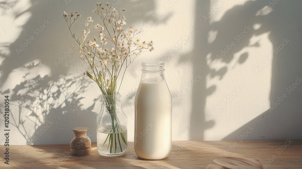 Poster glass milk bottle with small vase of flowers on wooden table casting shadows from sunlight with copy