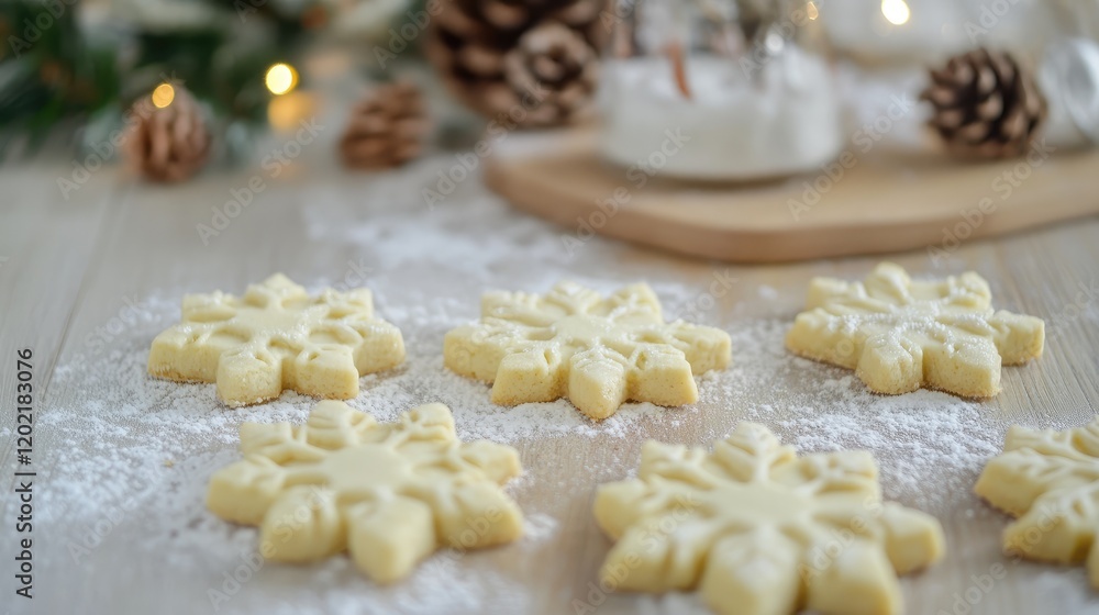 Poster homemade snowflake sugar cookies with powdered sugar on wooden surface decorated for christmas with 