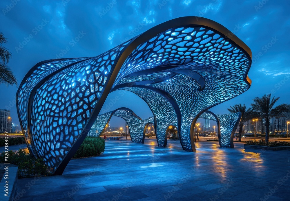 Poster stunning modern architectural design of a futuristic pavilion with intricate patterns illuminated in