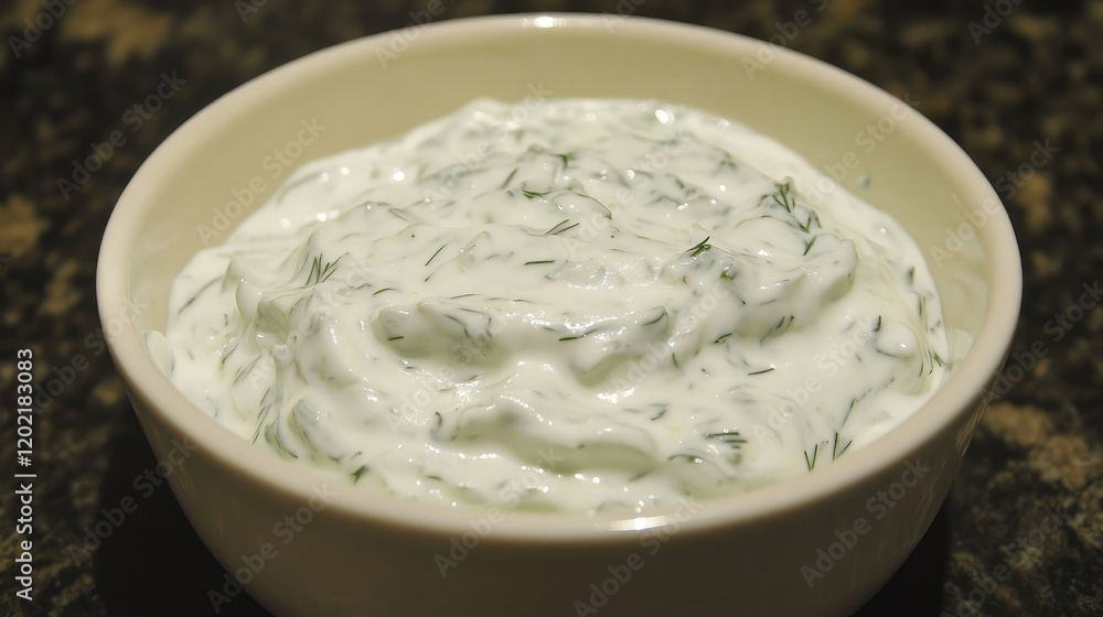 Aufkleber creamy yogurt sauce with fresh dill in a white bowl on a textured black counter with copy space