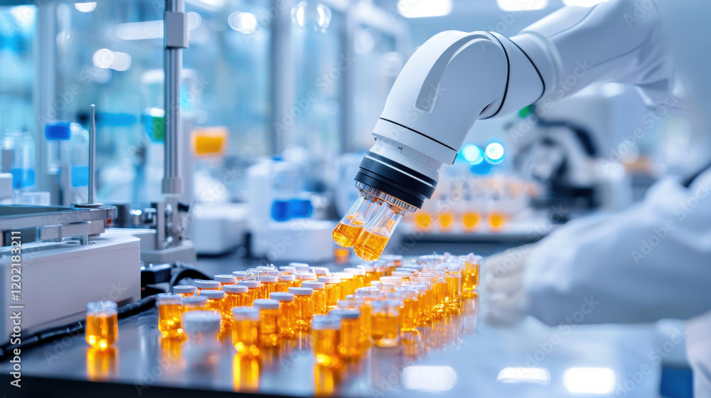Poster robotic arm carefully handles vials in laboratory setting, showcasing advanced automation in scienti