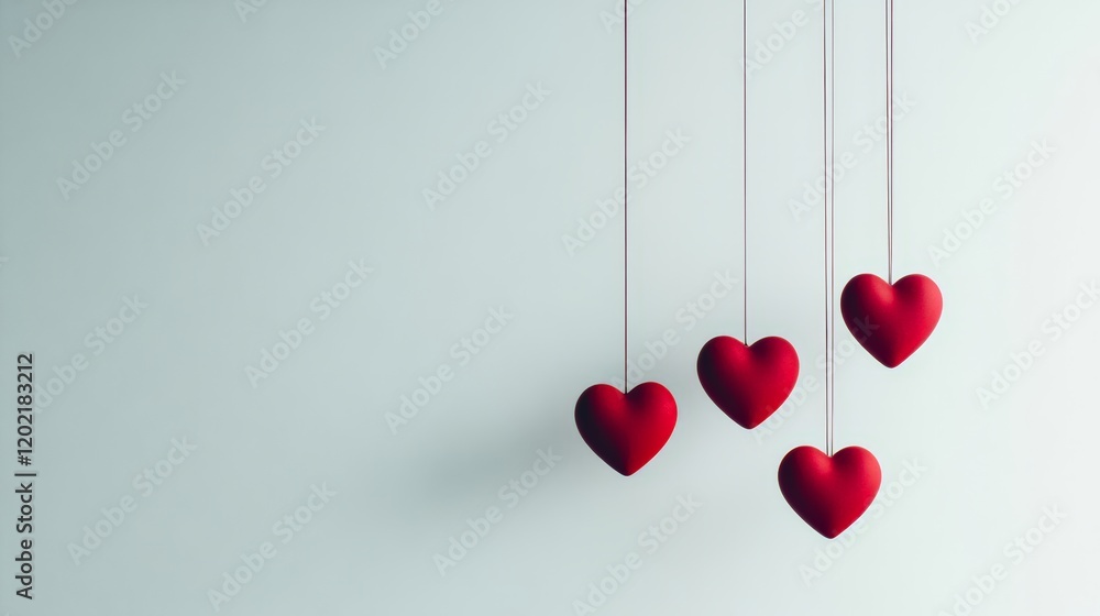 Poster four red hearts are hanging from strings against a light blue background, creating a romantic and lo