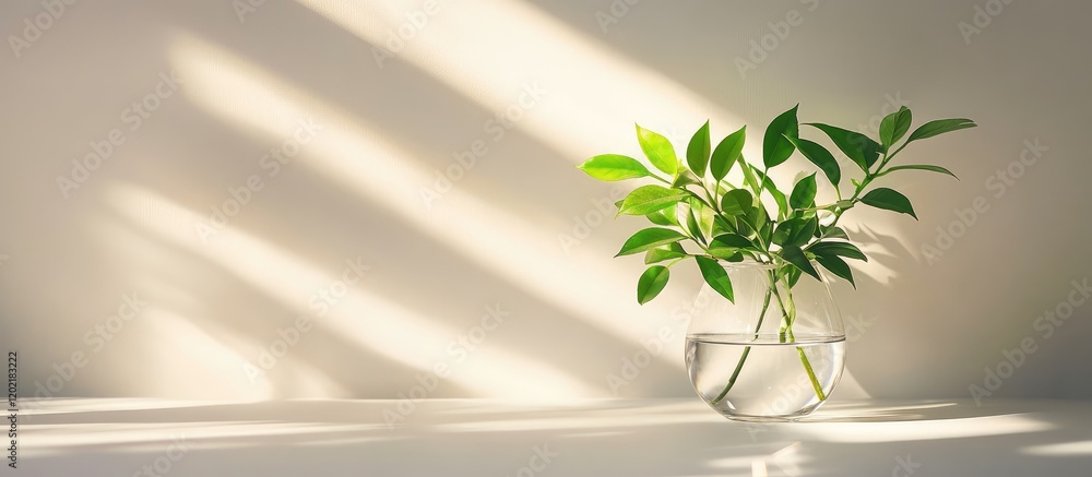 Poster green plant in a glass vase on a white surface with soft shadows and natural light creating a tranqu
