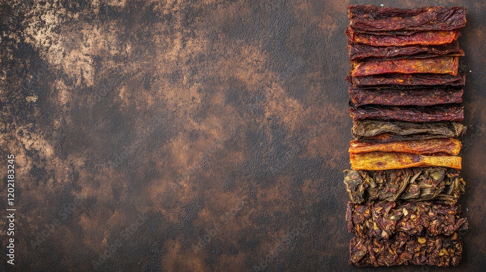 Poster Dried chili peppers arranged in rows on a textured surface with copy space on the right side for text placement
