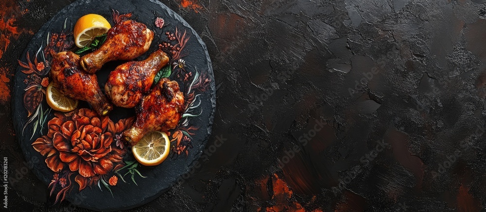 Poster grilled chicken drumsticks with lemon and herbs served on a decorative platter with copy space for t