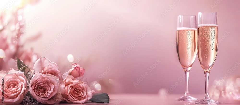 Poster champagne glasses with pink sparkling wine and fresh roses on a soft pink background with copy space