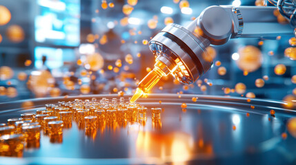 robotic system preparing vials in high tech laboratory environment, showcasing precision and advanced technology. scene is illuminated with vibrant colors, creating dynamic atmosphere