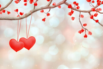 Romantic red hearts hanging from branch with delicate blossoms create dreamy atmosphere. This enchanting scene evokes feelings of love and warmth, perfect for special occasions