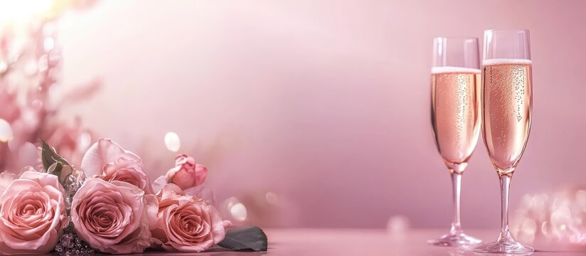 Champagne glasses with pink sparkling wine and fresh roses on a soft pink background with copy space for text - Powered by Adobe