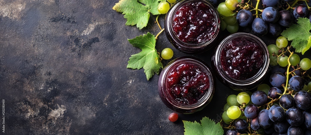 Poster dark background with three jars of grape jam surrounded by fresh grapes and leaves copy space