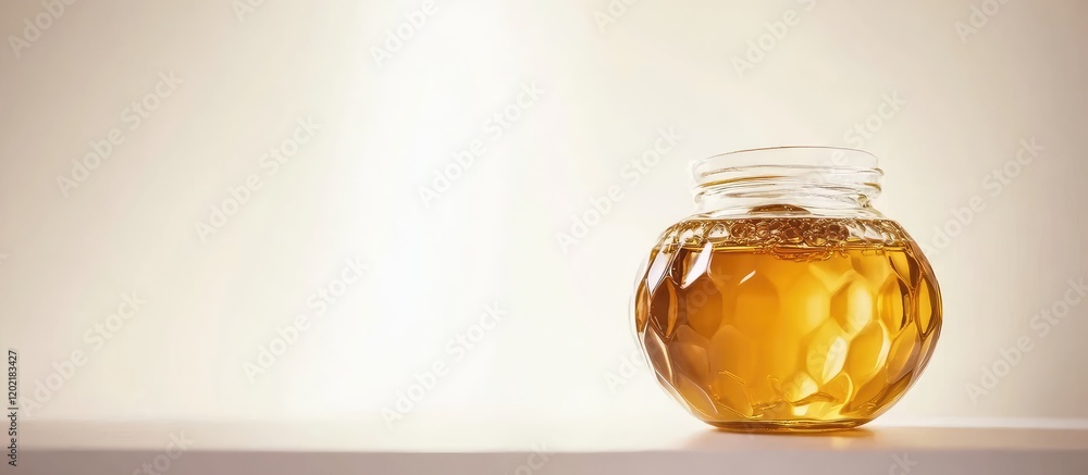 Aufkleber honey jar on a wooden table with warm sunlight background and copy space for text