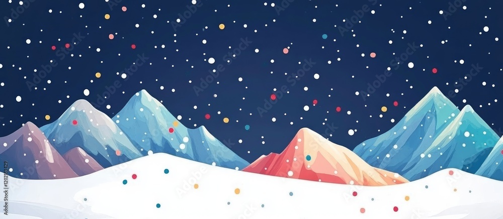 Poster winter landscape with colorful mountains in snow and falling snowflakes on dark blue background with
