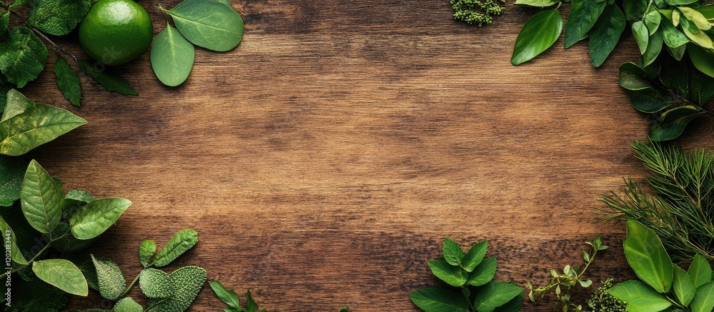 Poster green leaves and wooden background with copy space for text placement
