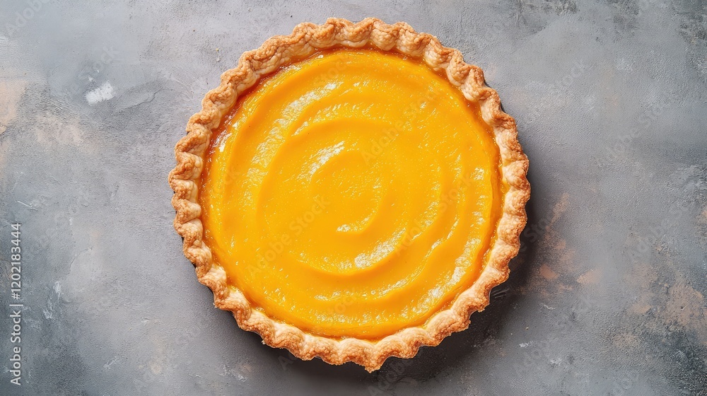 Aufkleber Pumpkin pie in a decorative crust on a gray textured background with Copy Space for text