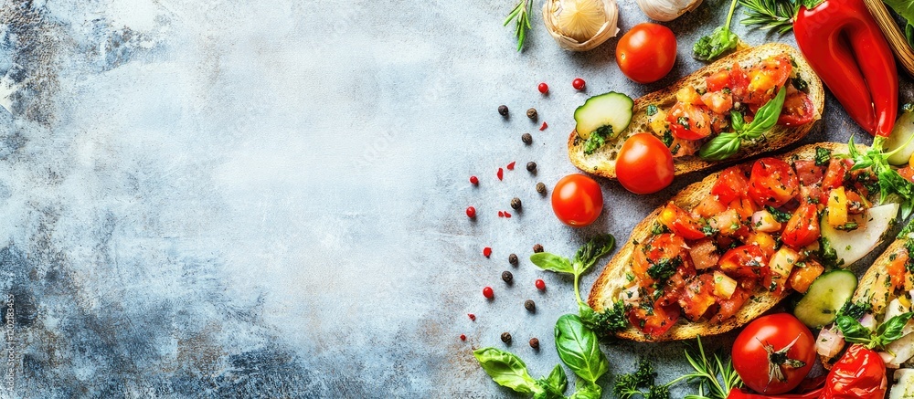 Poster baked eggplant stuffed with vegetables and herbs on a textured background with copy space for text