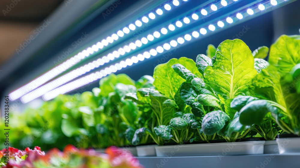Poster high resolution image of vertical farm with vibrant green lettuce illuminated by led lights, showcas