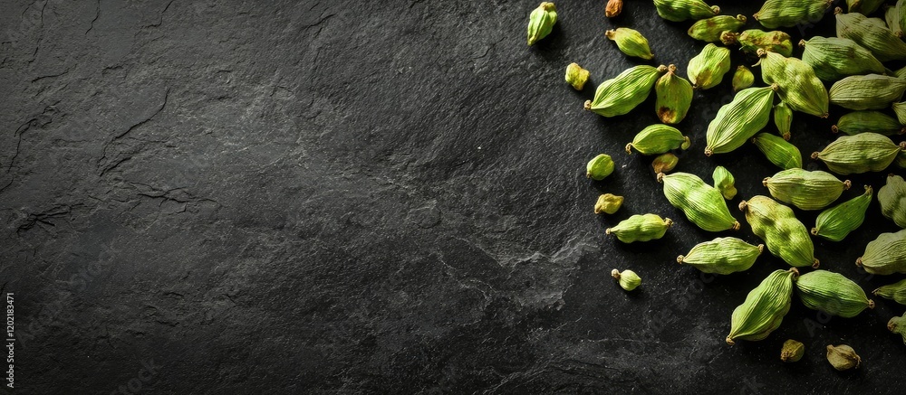 Poster green cardamom pods on a dark stone background with copy space for text placement