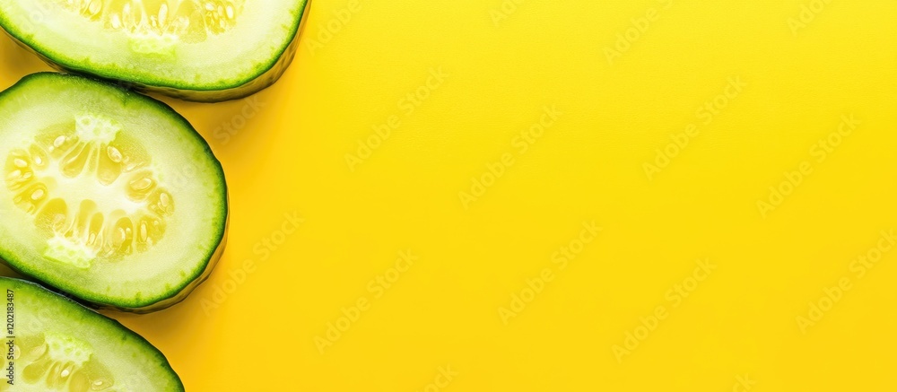 Poster Fresh cucumber slices on a yellow background with copy space for text elements.