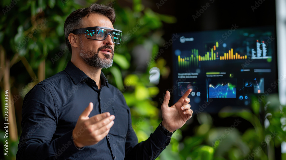 Fototapete professional man wearing smart glasses presents data insights in modern office environment. backgrou