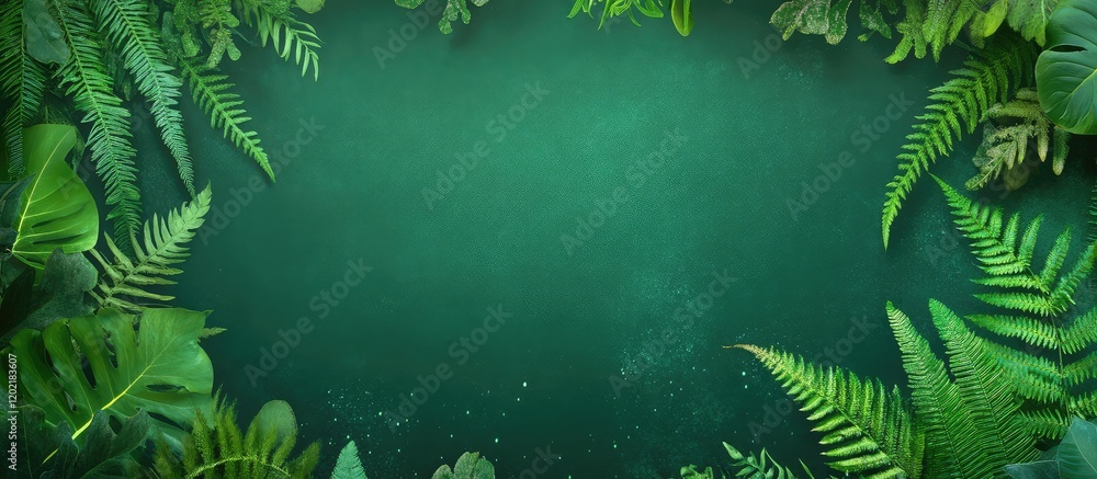 Poster lush green foliage border with tropical leaves and ferns on a dark green background offering ample c