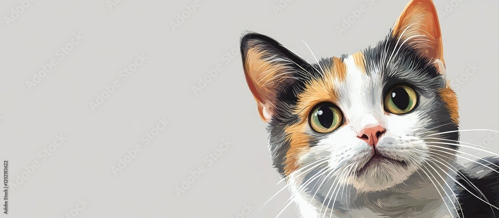 Poster Calico cat portrait against a plain gray background with Copy Space for text insertion
