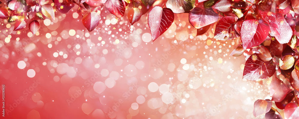 Poster vibrant red leaves create romantic background with soft bokeh lights, evoking warm and enchanting at