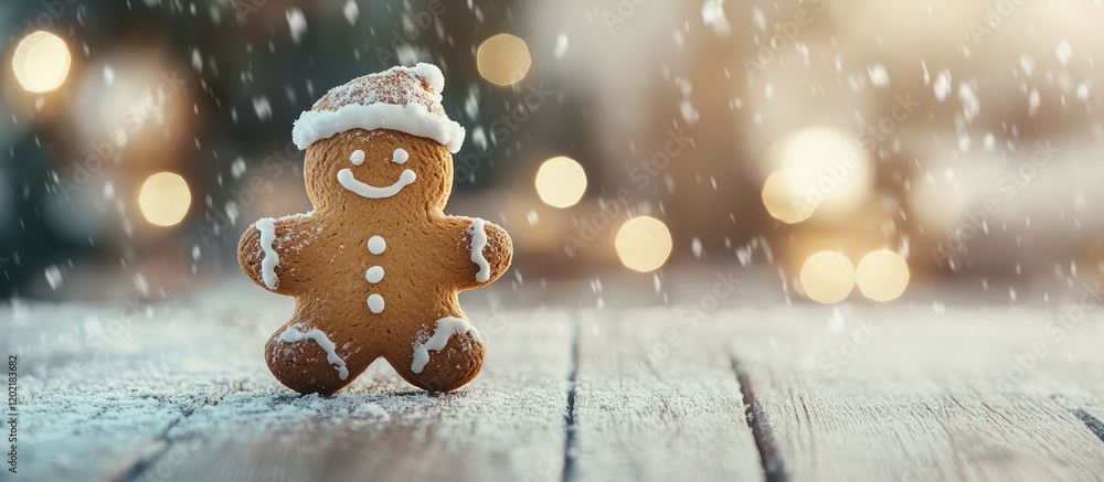 Poster Gingerbread cookie with a smiling face and hat on wooden surface with snow and blurred lights in the background Copy Space
