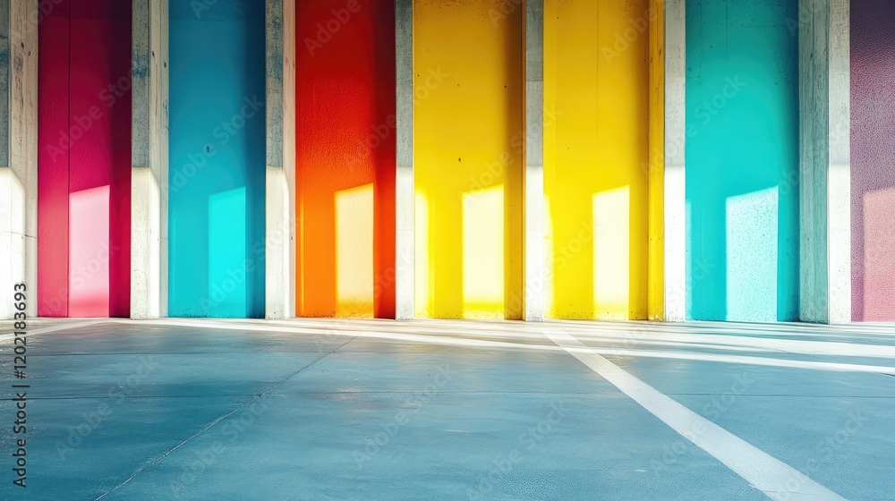 Poster Brightly Colored Abstract Wall Mural with Vertical Stripes and Natural Light Creating Shadows on Smooth Floor Copy Space