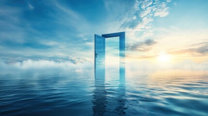 Open door in ocean, sunset sky, new beginnings, hope concept, website banner