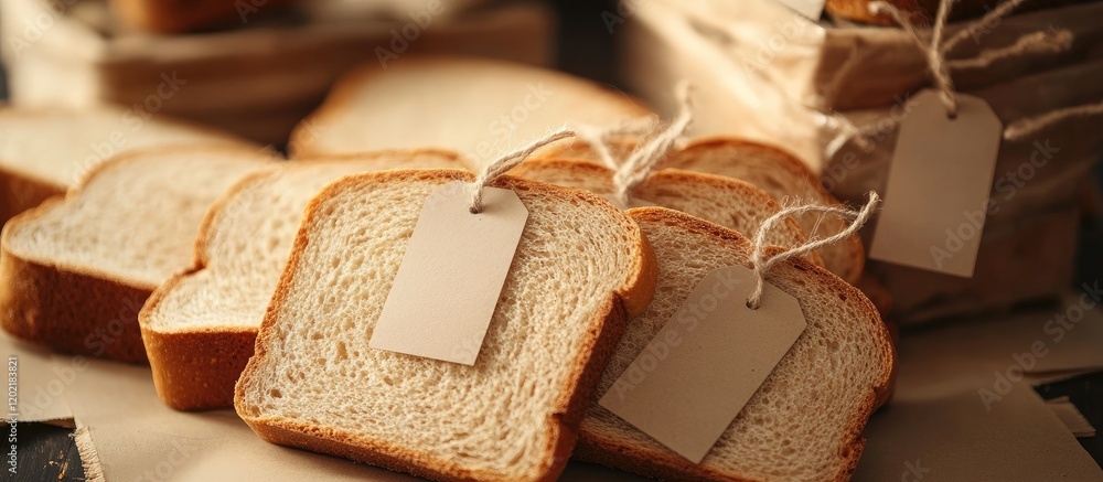 Aufkleber Sliced bread with blank price tags on wooden surface with copy space for text or branding in a rustic setting