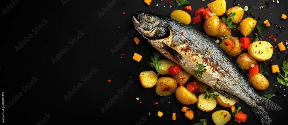 Poster grilled fish with seasoned vegetables and herbs on a black surface with copy space for text placemen