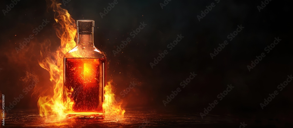 Poster flaming whiskey bottle on a dark background with glowing flames and smoke copy space