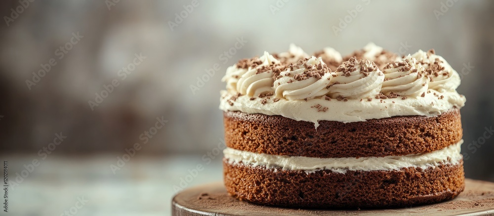 Poster layered cake with cream frosting topped with chocolate shavings on wooden board with blurred backgro