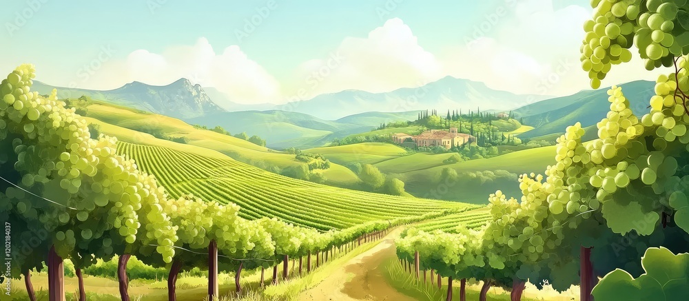 Aufkleber vibrant vineyard landscape with rolling hills mountains and lush grapevines under a clear blue sky w