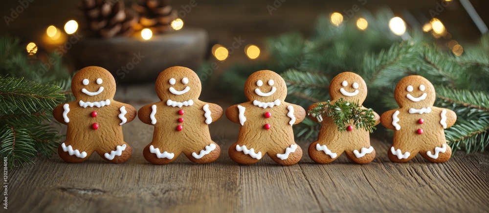 Poster gingerbread cookies arranged on a wooden surface surrounded by pine branches and christmas lights wi