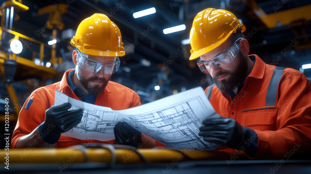 Poster Engineers analyzing blueprints in factory setting, wearing safety gear and focused expressions. Their teamwork highlights importance of precision in engineering projects
