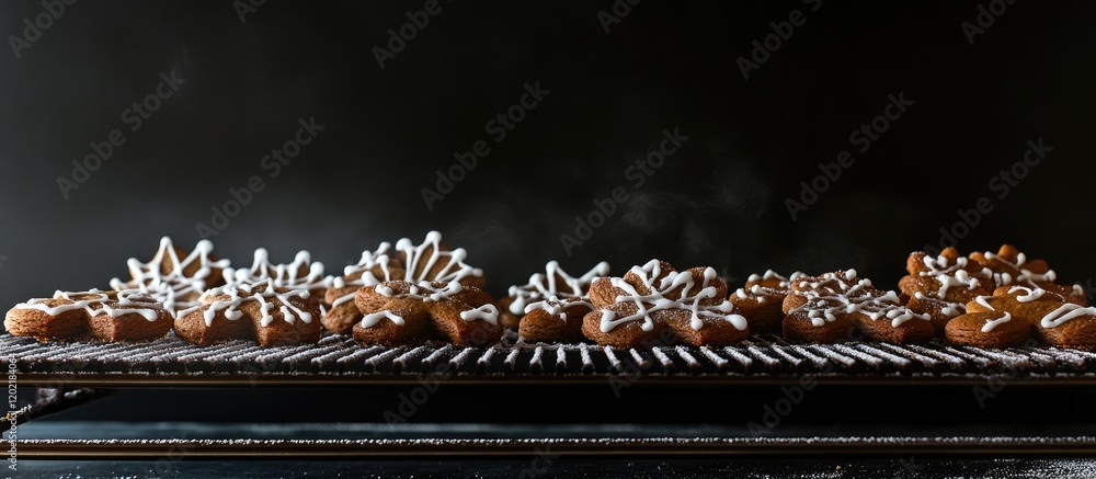 Aufkleber freshly baked pastries with icing sugar arranged on a cooling rack against a dark background copy sp