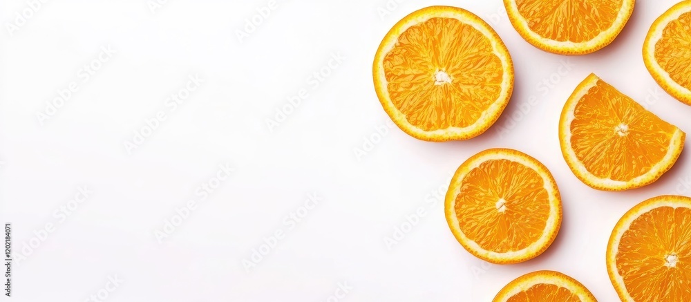 Poster Freshly sliced orange segments on a white background with copy space for text placement.