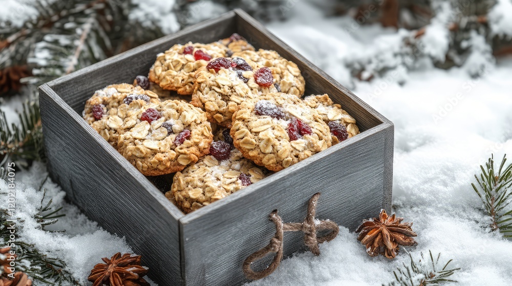Poster Oatmeal cookies with cranberries and nuts in a rustic wooden box on a snowy background with pine branches and cones Copy Space