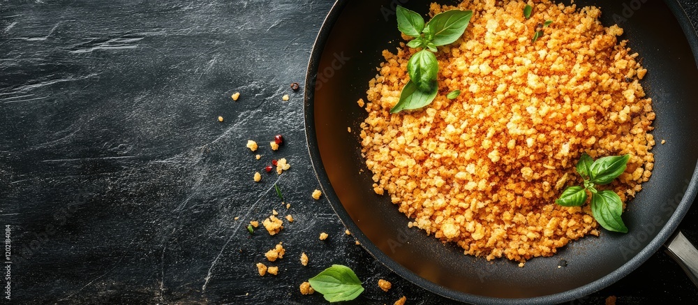 Poster Cooked grains with fresh basil leaves in a black frying pan on a dark textured surface with copy space for text