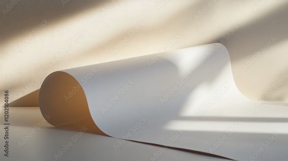 Poster curled white paper sheet with soft shadows and warm background showcasing texture and light with cop